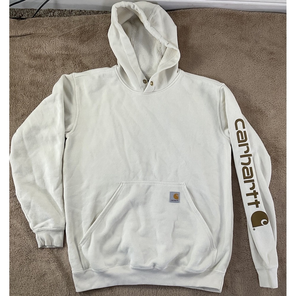 Carhartt Mens S Loose Fit Logo Sleeve Workwear Hoodie Cream Tan Gold 216